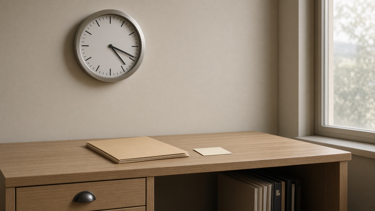 24-hour addiction help night desk with a telephone, a lamp, and a round analog clock