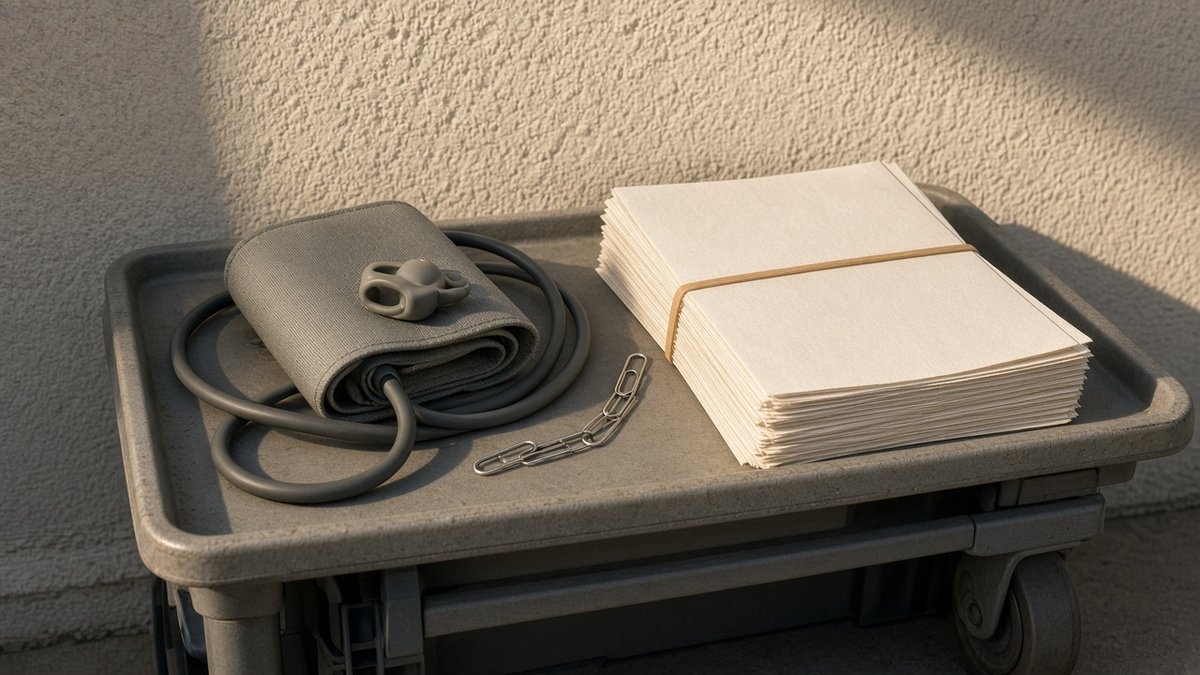 Gray plastic cart with a coiled vitals cuff, pulse-ox clip, paperclip chain, and a rubber-banded cream packet against stucco