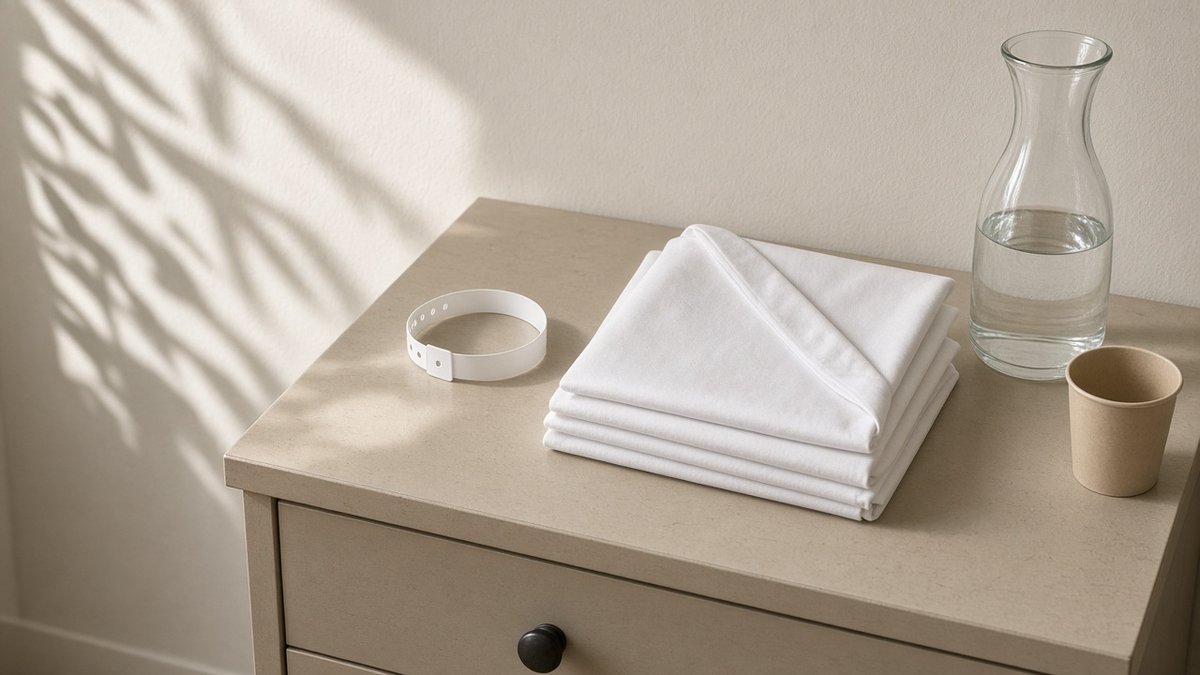 Residential nightstand with a blank wristband, folded white sheets, water carafe, and a paper cup in eucalyptus shadow