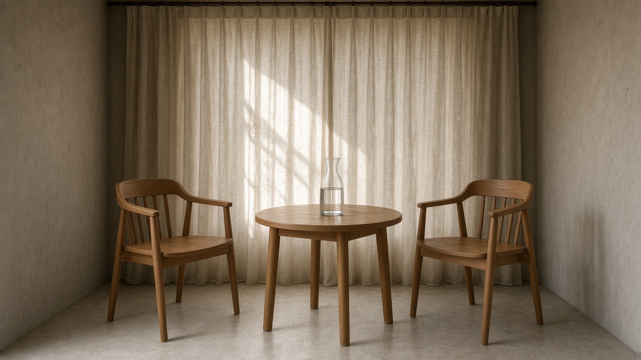 Rehab for adults group table with blank name tents and a ring of empty stacking chairs