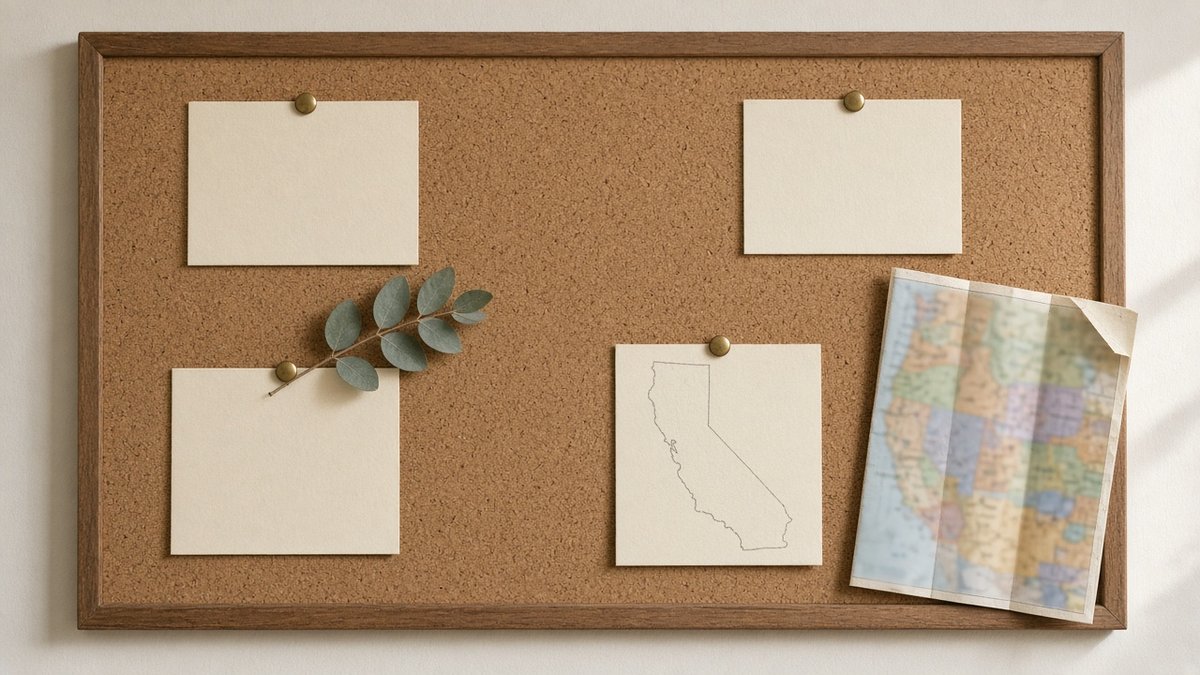 Cork locator board with blank cream cards, a pencil California outline, eucalyptus, and a faded unlabeled atlas leaf